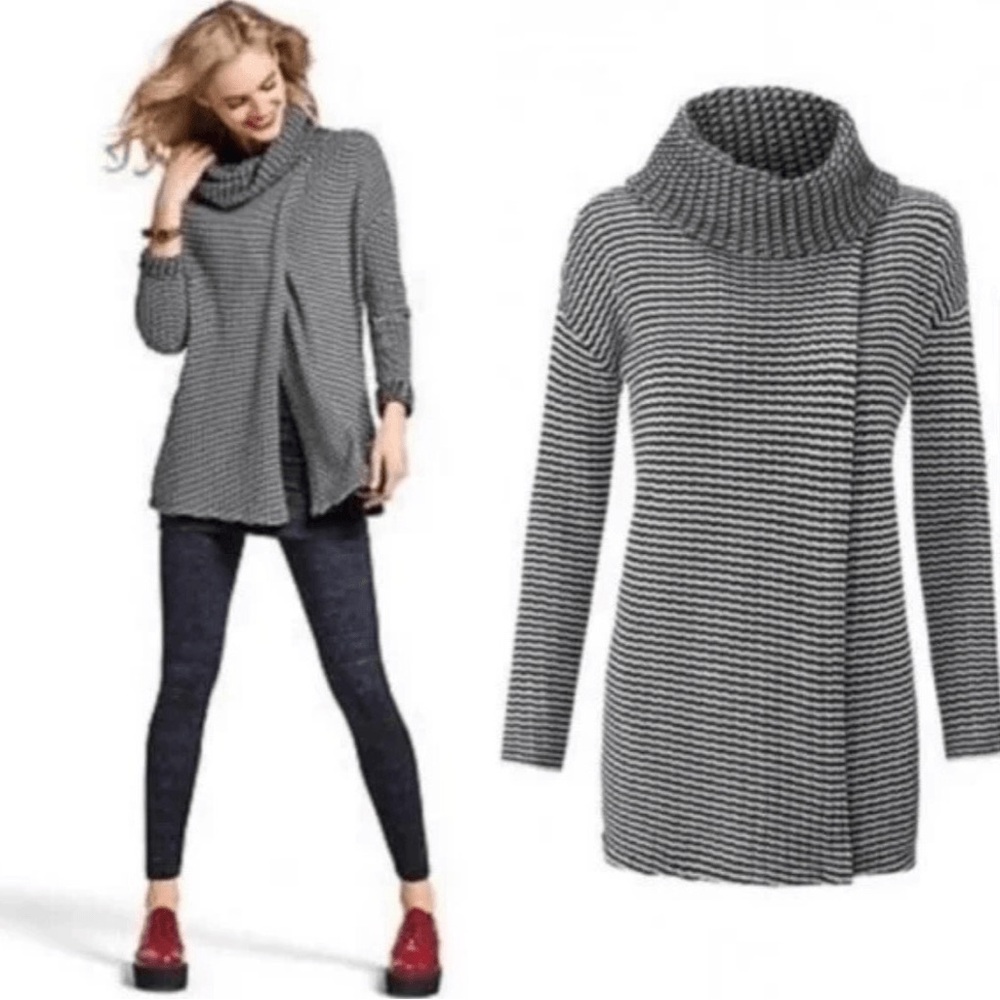 CAbi Black & White Striped Cowl Neck Tunic Sweater